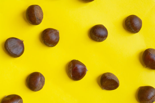 Chestnuts pattern on yellow background top view chestnut