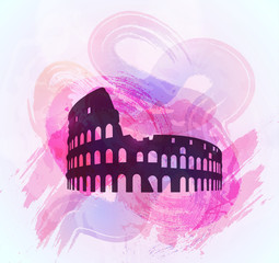 Coliseum ruin silhouette on colorful background. Coliseum sign. Tourism sight. Vector illustration.