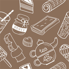 Seamless pattern: food and drink. Pencil drawing. Background