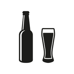 Bottle and glass of beer icon. Beer and pub, bar symbol. UI. Web. Logo. Sign. Flat design. App.Stock