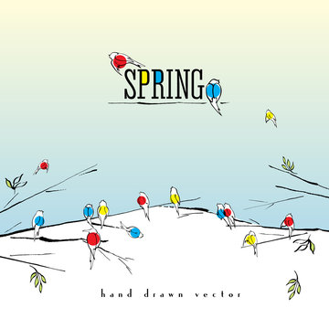 Birds on branch vector card, various birds silhouettes made with ink pen, singing and chirping birds are marked with different colors. Spring background.