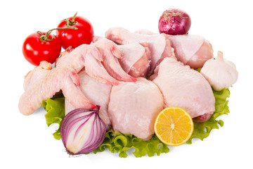 Part of raw chicken, lettuce, vegetables, spices isolated on white.