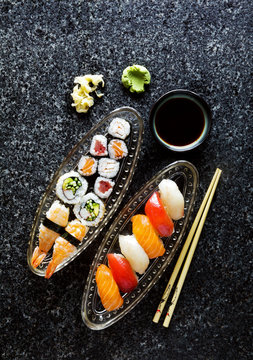 Sushi Set nigiri and sushi rolls, maki, california roll, shrimp,
