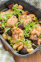 Roasted lemon and thyme chicken with garlic crushed new potatoes and beetroot