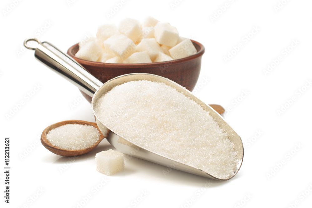 Poster granulated sugar in scoop on white