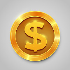 Shiny golden dollar coin isolated on white