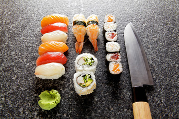 Sushi Set nigiri and sushi rolls, maki, california roll, shrimp,