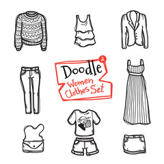 Vector doodle women clothes icons set. Hand drawn collection of fashion objects