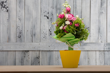 Picture of nice pink and white roses isolated on wooden background in studio. Beautiful bouquet of flowers represented in pot of yellow colour.