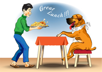 Humorous picture. The man treats his dog lunch. Dog sitting at the table