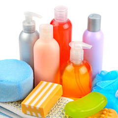 soaps and sponge isolated on white background