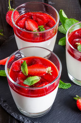 Italian dessert pannacotta with strawberry sauce
