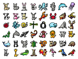 48 vector hand drawn animals, black line and colors