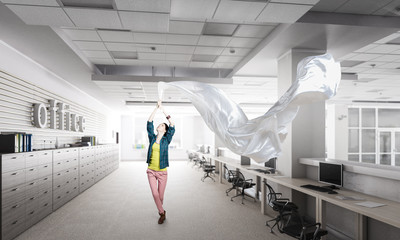 Woman pull white fabric