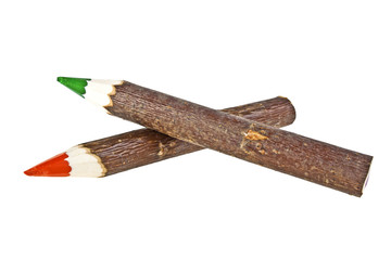 Three bark covered branch colored pencils isolated on white back