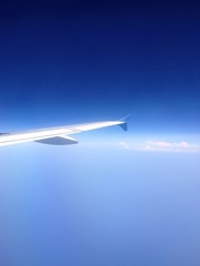 Fototapeta na wymiar View of a clear blue sky from an airplane window