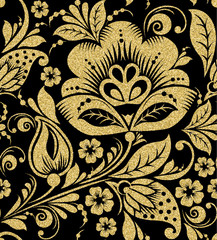 Vector Gold glittering Khokhloma seamless pattern. Gold floral background background