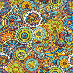 Seamless pattern of hand-drawn and painted mandalas. Vector graphics.