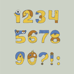 Colorful vector illustration with childish numbers monster font, isolated on background. Hand drawn digit sequence from 1 to 9, good for kids cartoon, lettering, design, dedicated to monsters, aliens.