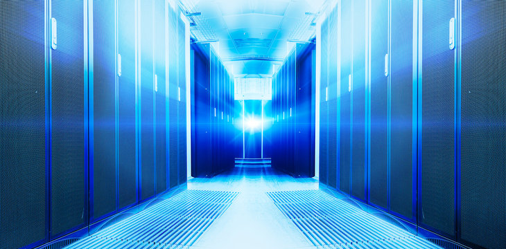 symmetrical futuristic modern server room in the data center with a bright light