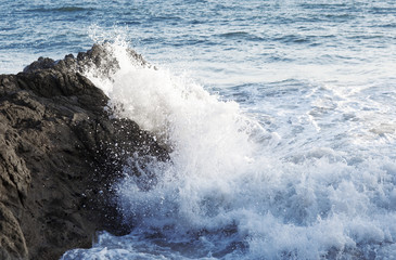 The waves of the Pacific ocean, the beach landscape. The ocean and waves during strong winds in United States, California. Waves breaking on the rocks.