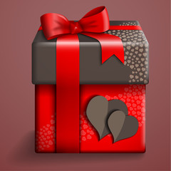 Vector illustation of a gift box with hearts and red ribbon.
