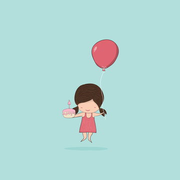 Girl with birthday cupcake and balloons, drawing by hand vector