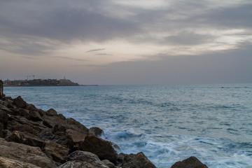 Seascape, Mediterranean sea in winter evening. Tel Aviv