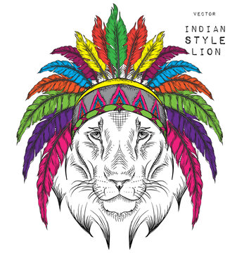 Lion in the Indian roach. Indian feather headdress of eagle. Hand draw vector  illustration]]