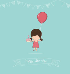 Girl with birthday cupcake and balloons, drawing by hand vector