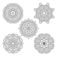 Vector set from five round black and white mandalas.