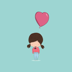 Girl with heart shaped balloon, happy birthday, drawing by hand