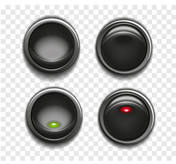 Switch on switch off black buttons with red and green light. Vector isolated turn on turn off illustration