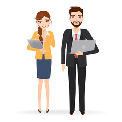 Young Business Woman Holding Tablet and Businessman Holding Lapt