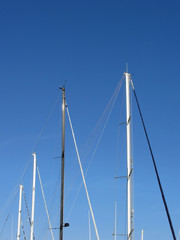 Sailboat masts in the marina against a blue summer sky