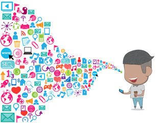 Teenage boy happy template design thinking idea with social netw