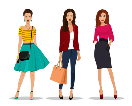 Beautiful young women in fashion clothes. Detailed women characters with accessories. Flat style vector illustration.