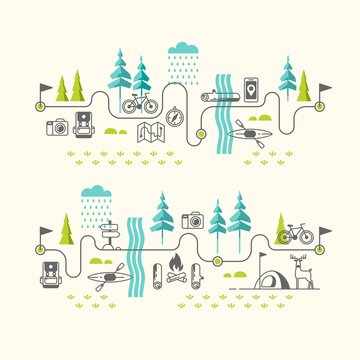 Summer vacation in nature. Hiking trail. Vector concept illustrations with icons of travel and vacation.