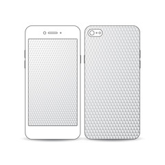 White mobile smartphone with an example of the screen and cover design isolated on white. Abstract colorful polygonal background, modern stylish triangle vector texture
