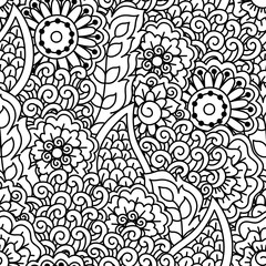 Seamless black and white background. Floral, ethnic, hand drawn elements for design. Good for coloring book for adults or design of wrapping and textile.