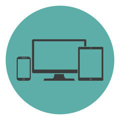 Device Icons: isolated smart phone, tablet and desktop computer flat style on a green background. Stylish vector illustration of responsive web design.