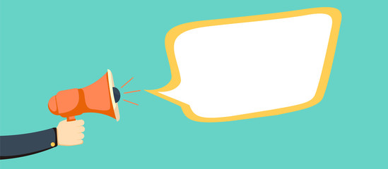 Hand holding megaphone with blank speech bubble.