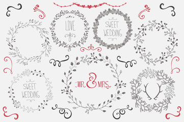Hand drawn set of wedding wreaths
