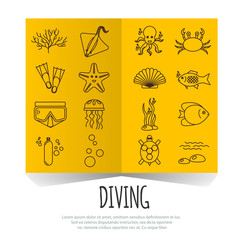 Diving icons set with fish and equipment on centerfold brochure