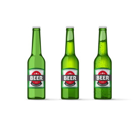 Beer bottles cider green vector illustration, realistic empty lager ale beer bottle, full glass bottle and cold beer bubble bottle isolated on white background sticker