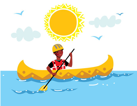 Black boy in canoe. Summer children camp. Child rowing canoe. Vector illustration
