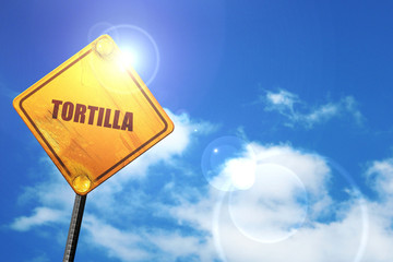 Tortilla, 3D rendering, glowing yellow traffic sign