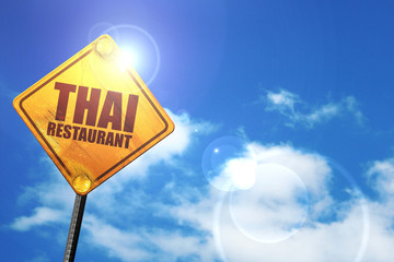 thai restaurant, 3D rendering, glowing yellow traffic sign