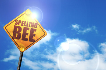spelling bee, 3D rendering, glowing yellow traffic sign