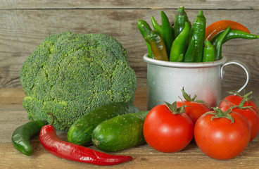 still life with vegetables: tomatoes, cucumbers, Chili, Brussels sprouts